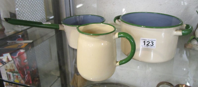 Green & cream enamel saucepans and jug