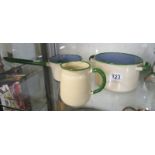 Green & cream enamel saucepans and jug