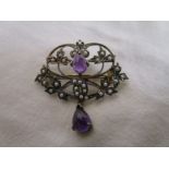 Seed pearl, amethyst & diamond brooch