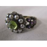 Seed pearl, peridot, amethyst & diamond set antique style ring