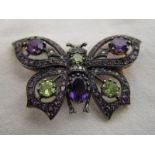 Amethyst, peridot & diamond butterfly brooch