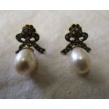 Pair of pearl & diamond drop earrings