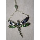 Silver champlevé enamel dragonfly pendant on chain