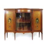 An Edwardian walnut, satinwood banded and hand painted bow front display cabinet,