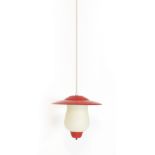 A 1950's red enamelled pendant ceiling light with a shaped glass shade CONDITION REPORT: