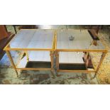 LOW OCCASIONAL TABLES, a pair, gilt metal framed, two tier, each with a square glass top,