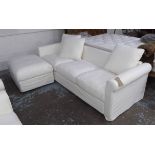 SOFA, contemporary, in an ivory finish, 85cm H, together with a matching ottoman.