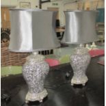 TABLE LAMPS, a pair, mosaic effect, each with a grey shade, 77cm H.