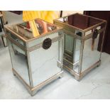 MIRRORED TRUNKS, a pair, with a square rising top enclosing space for storage, 39cm square x 57cm H.