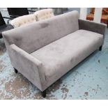 SOFA, with grey upholstery on short ebonised square tapered supports, 172cm L x 76cm H.