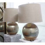 LAMPS, a pair, with natural shades of grey, terracotta pedestals/planters, each 72cm H.