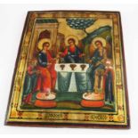 RUSSIAN ICON, the Old Testament Trinity, painted on wooden panel, 43cm H x 36.5cm.