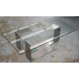 ITALIAN LOW TABLE BY 'BIOBJECT', rectangular glazed, stainless steel formed support,