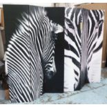 SCREENS, a pair, zebra print finish, 120cm extended each screen.