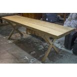 REFECTORY TABLE, vintage style pine rectangular on X frame stretchered supports,