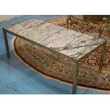 LOW TABLE, 1970s rectangular variegated grey/white marble on square section gilt metal support,