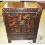 CHINESE CABINET, lacquered with two decorated panelled doors enclosing a drawer,