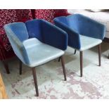 A PAIR OF ARMCHAIRS, mid 20th century, turquoise leather and blue fabric upholstery.