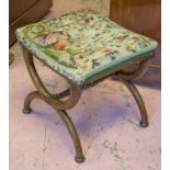 STOOL, Regency rosewood with needlework seat on X frame supports, 45cm W x 40cm D.