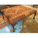 HEARTH STOOL, Queen Anne style, kelim covered upholstery with walnut cabriole supports,