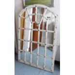 WINDOW MIRROR, arched, in distressed white painted finish with brass studs, 145cm H x 90cm W.