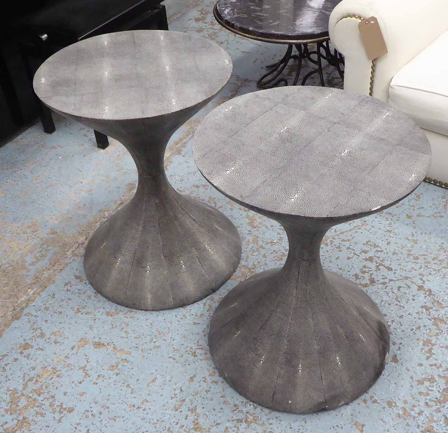 JULIAN CHICHESTER SIDE TABLES, a pair, bobbin shaped, shagreen style, each 51cm x 65cm H.