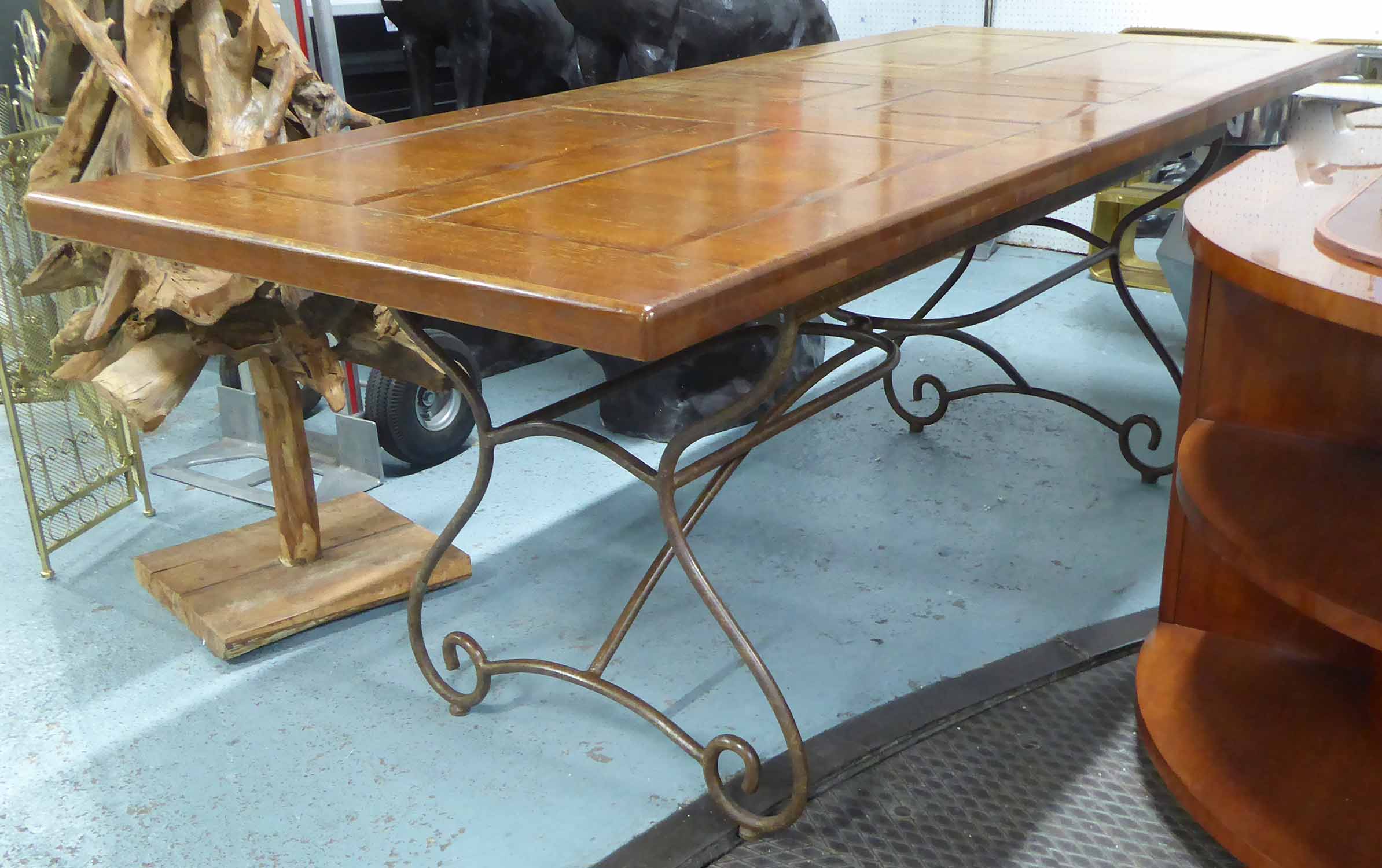 DINING TABLE, Spanish style, the panelled wooden top on scrolled metal legs, 84cm x 78cm H x 201cm. - Image 2 of 2