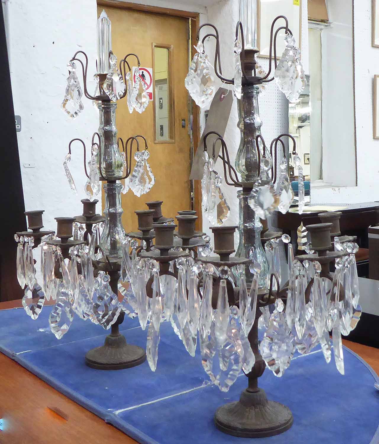 CANDELABRA, a pair, French provincal style, each with six sconces and hanging pendants, 63cm H.