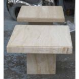 LAMP TABLES, a pair, square travertine each raised upon plinth bases, 60cm x 60cm x 40cm H.