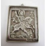 RUSSIAN PENDANT ICON, hallmarked silver, cast in relief Saint George slaying the dragon, 6cm H x 4.