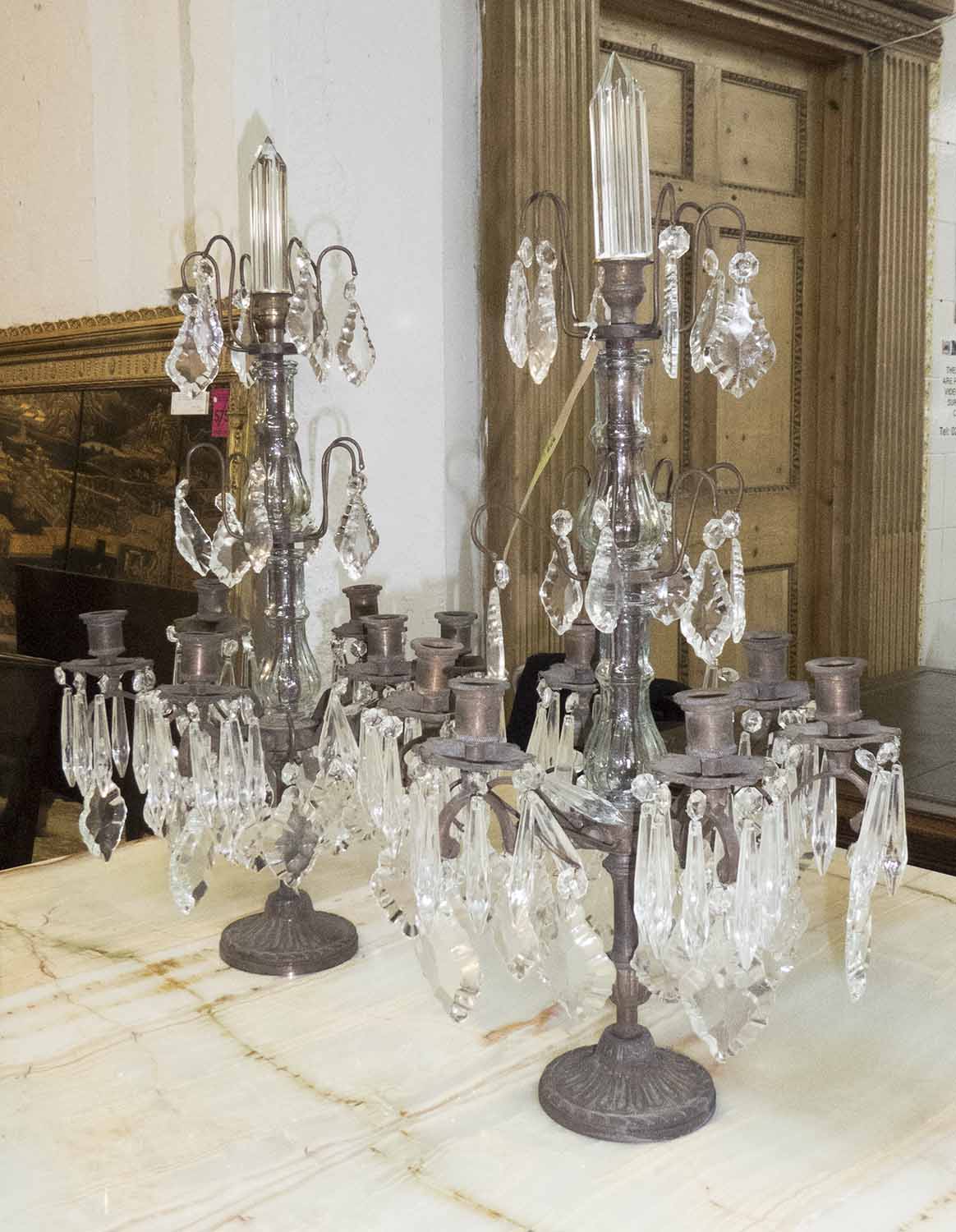 CANDELABRA, a pair, French provincal style, each with six sconces and hanging pendants, 63cm H. - Image 2 of 2