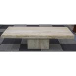 TRAVERTINE LOW TABLE, rectangular raised upon plinth base, 152cm x 61cm x 40cm H.