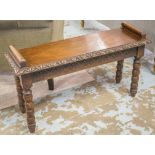 HALL BENCH, Victorian Gothic oak rectangular lunette carved frieze and turned supports, 91cm W.