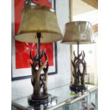 ANTLER TABLE LAMPS, a pair, stylised faux antler bases with shades, 80cm H.