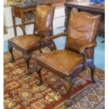 LIBRARY ARMCHAIRS, a pair, George III design, mahogany and tan brown leather upholstered.