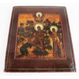 18TH CENTURY RUSSIAN ICON, saintly figures and supplicant on a wooded rocky hilltop,