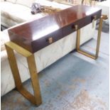 HALL/CONSOLE TABLE, Art Deco style, exotic wood, three drawer and gilt metal shaped support,