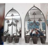 ARCHED MIRRORED METAL WALL PLANTERS/CANDLES, a pair, with metal pots, 80cm H x 45cm.