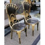 SIDE CHAIRS, a pair, Egyptian style, ebonised and gold with lotus flower decoration,