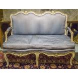 CANAPE, French Louis XV style grey painted frame and blue silk weave upholstery, 138cm.