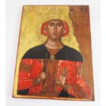 GREEK ICON, depicting a crowned figure, possibly St Helen, painted on wooden panel, 33cm H x 25cm.