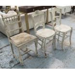 DINING CHAIRS, a harlequin set of eight, cream painted shabby chic, naturally weathered.