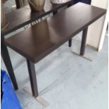 CONSOLE TABLE, dark wooden top on metal supports, 120cm x 40cm x 76cm H.