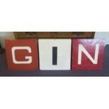 MARINE MARKER CARDS, set of three, vintage 20th century, spelling 'Gin', painted plywood,