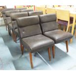 DINING CHAIRS, a set of eight, 1960's in brown leatherette on rounded supports, 43cm W.