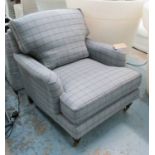 ARMCHAIR, Howard style in a grey patterned fabric on turned castor supports, 90cm x 100cm x 90cm.