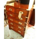 CAMPAIGN STYLE CHEST, mahogany and brass bound with two short drawers and four long drawers,