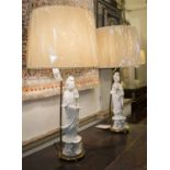 TABLE LAMPS, a pair, Chinese white porcelain, figural, with shades, 66cm H.
