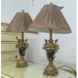TABLE LAMPS, a pair, classical urn style bases with pleated shades, 70cm H.
