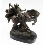 BRONZE SCULPTURE, Mughal warrior on horseback, marble base, 25cm x 26cm H.